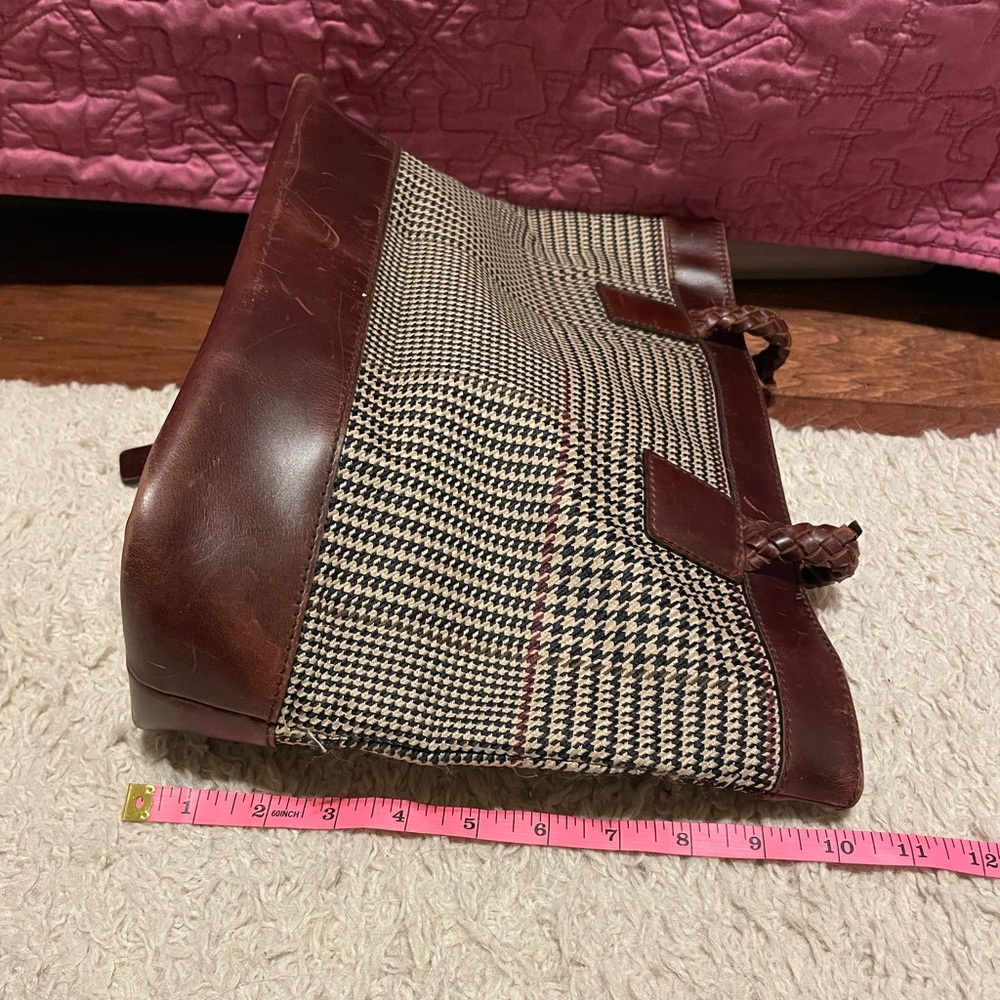 Ralph Lauren Brown Leather & Black/White Houndstooth Shoulder Tote - Picture 9 of 10